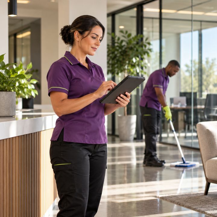Lilac team member carefully cleaning a commercial surface