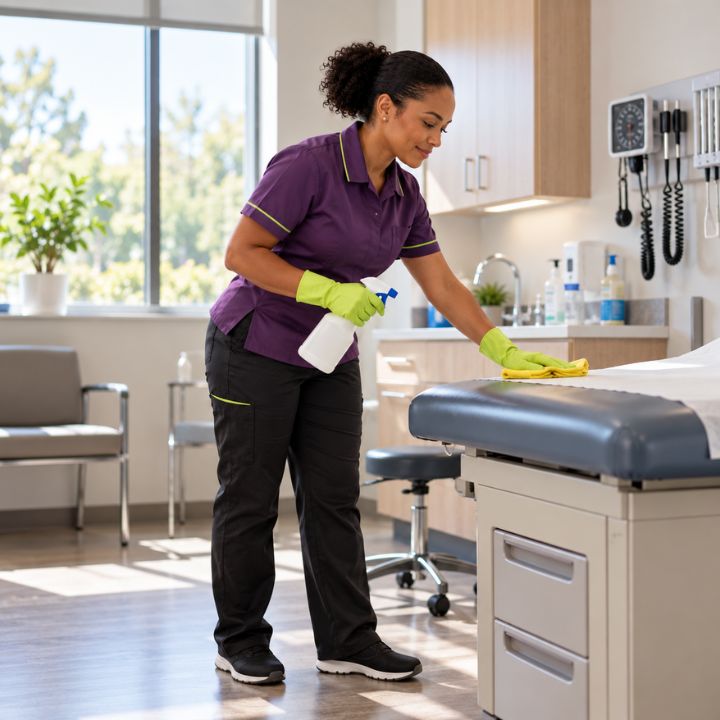 Commercial cleaning team working in a modern office environment
