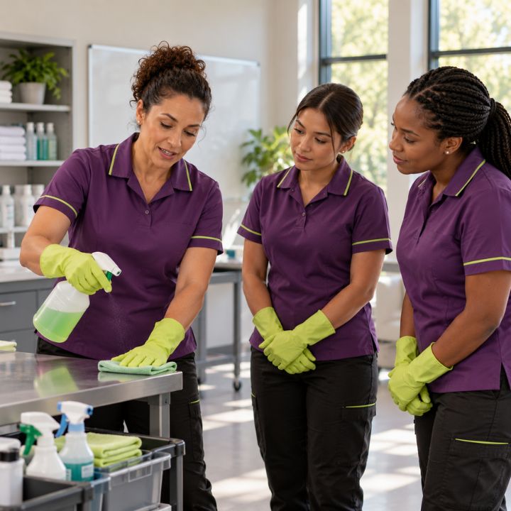 A supervisor coaching cleaning team members with a checklist